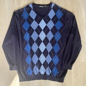 Claiborne Mens Blue Argyle 100% Cotton V-Neck Pullover Sz XL Golf Preppy Coastal